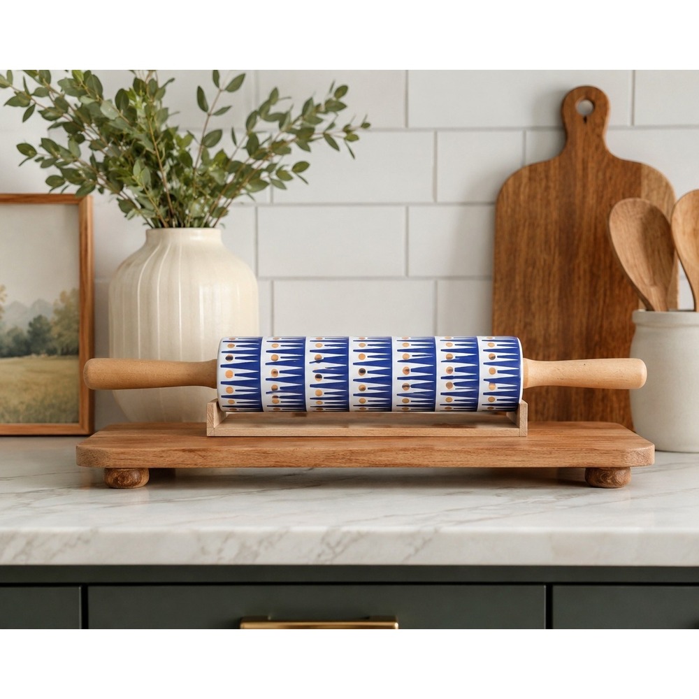 Modern Blue & White Geometric Ceramic Rolling Pin with Wooden Handles |...
